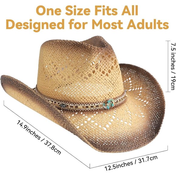 Straw Cowboy Hat Wide Brim Sun Protective Unisex Western Casual Accessory - Picture 2 of 7